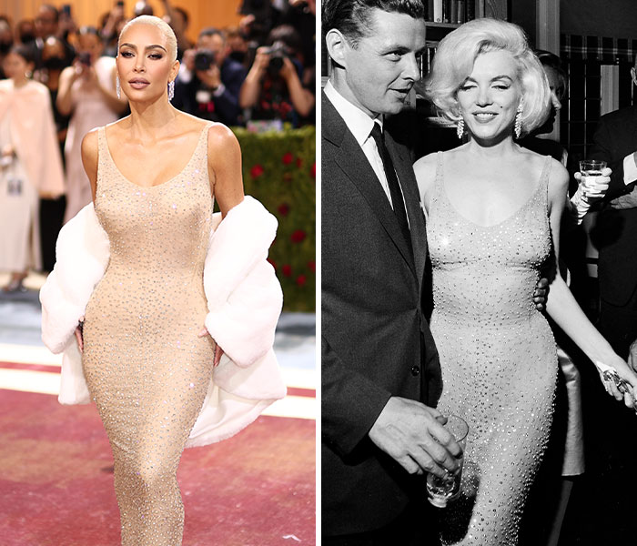 Kim Kardashian and Marilyn Monroe side-by-side comparison wearing similar sparkling n**e evening gowns.