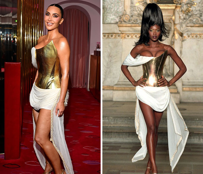 Side-by-side comparison of Kim Kardashian and a model wearing similar iconic gold corset and white draped skirt outfits.
