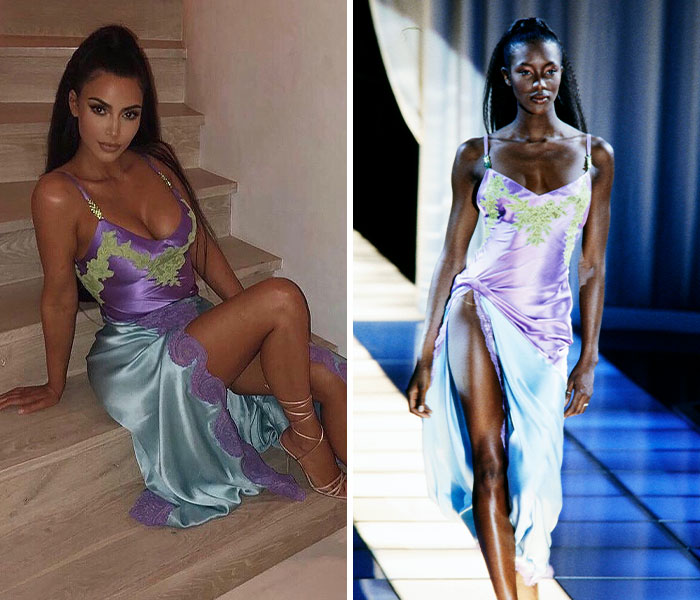 Side-by-side comparison of Kim Kardashian and model in similar purple and blue dresses showcasing iconic fashion looks.