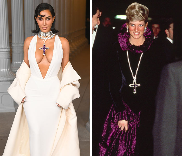 Side-by-side comparison of Kim Kardashian and Princess Diana showcasing iconic look similarity and style influence.