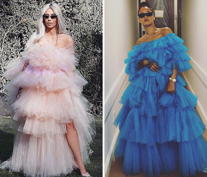 Side-by-side comparison of Kim Kardashian and another star wearing layered tulle dresses in pastel pink and vibrant blue.
