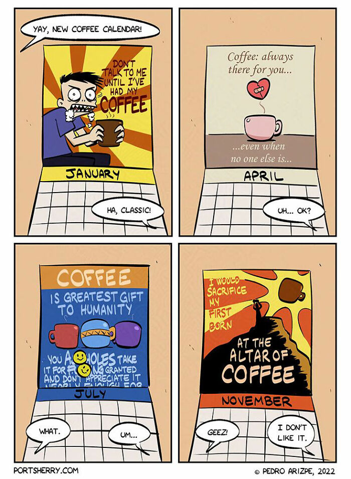 Comic panels showing a coffee calendar with humorous coffee-themed illustrations blending everyday moments and absurd twists.