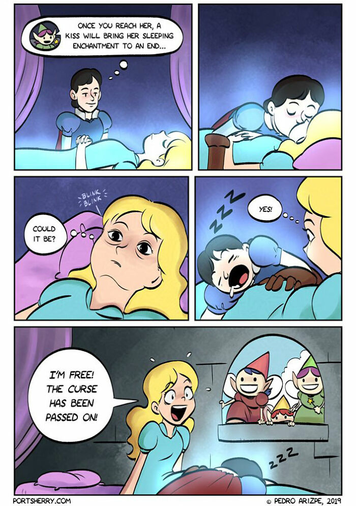 Comic strip by Port Sherry showing a humorous twist on a sleeping enchantment with playful characters in a fantasy setting.