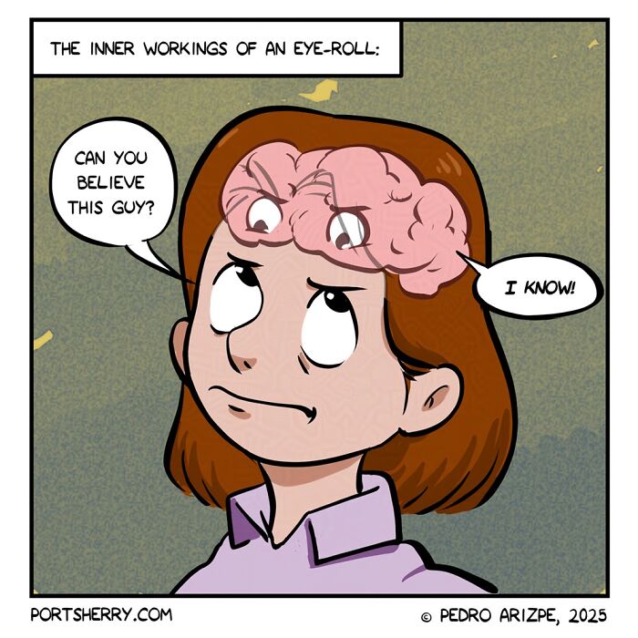 Cartoon showing the inner workings of an eye-roll with a brain thinking in a funny Port Sherry comic style.