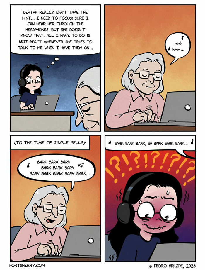 Comic panels from Port Sherry showing a woman distracted by absurd barking lyrics while wearing headphones.