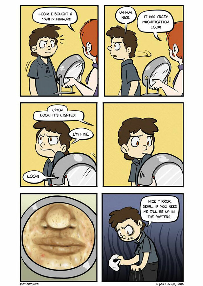 Comic from Port Sherry showing a humorous everyday moment with absurd twist involving a magnifying vanity mirror.