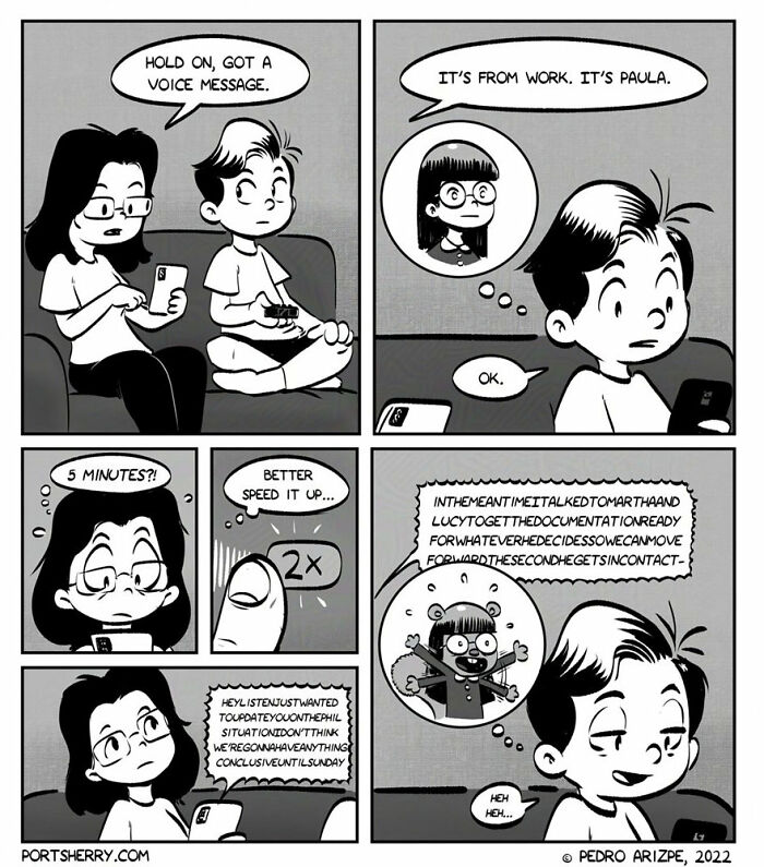 Black and white Port Sherry comic strip showing two characters reacting to a long, fast-forwarded voice message.