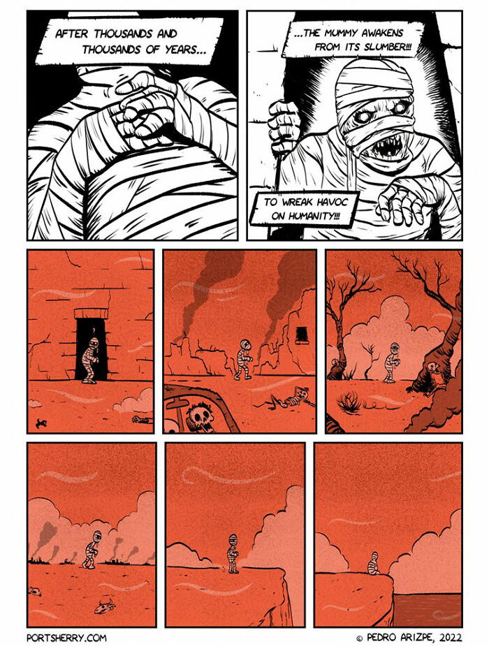 Port Sherry comic strip showing a mummy awakening and walking through a desolate, fiery landscape with a dark, surreal tone.