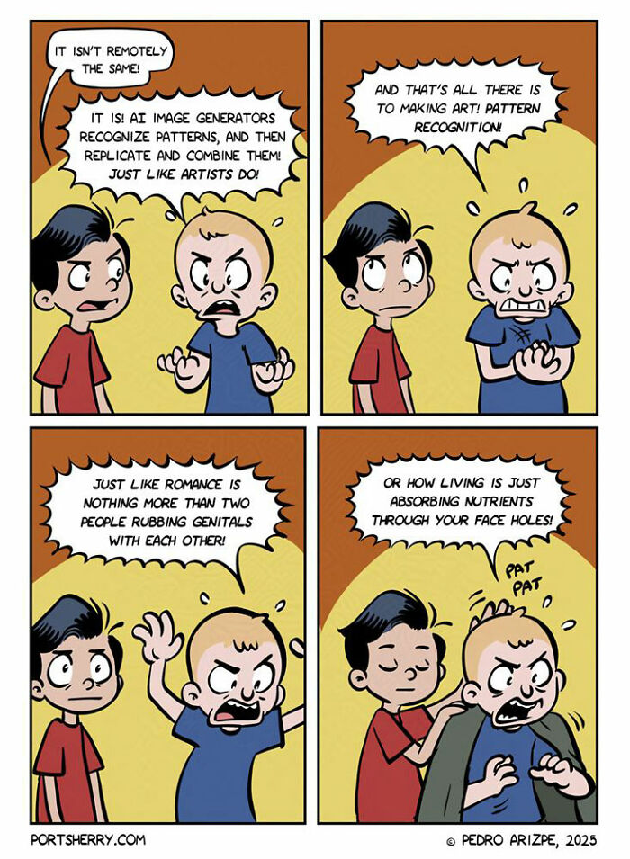 Comic panels from Port Sherry showing two characters debating art, romance, and life with an absurd twist.