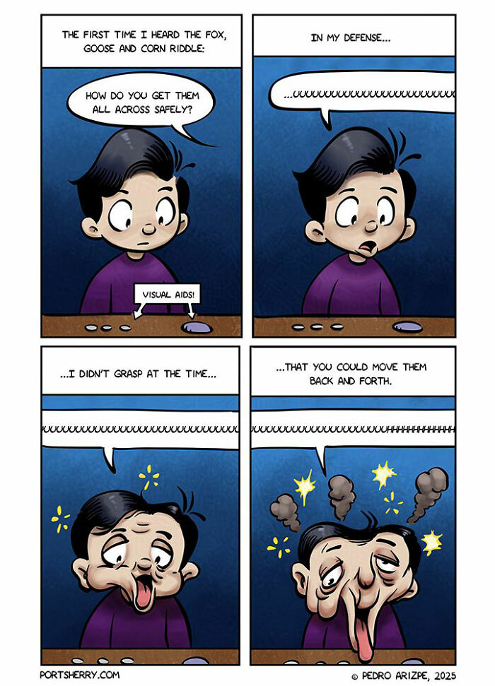 Comic strip by Port Sherry showing a boy humorously reacting to the fox, goose, and corn riddle with absurd visual aids.