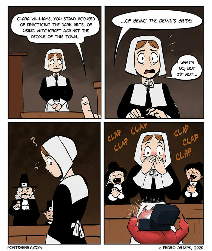 Port Sherry comic showing a Puritan woman accused of witchcraft with an unexpected humorous twist.