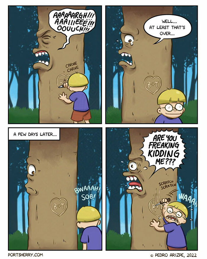 Comic strip by Port Sherry showing a boy carving a tree that reacts with funny and absurd facial expressions.