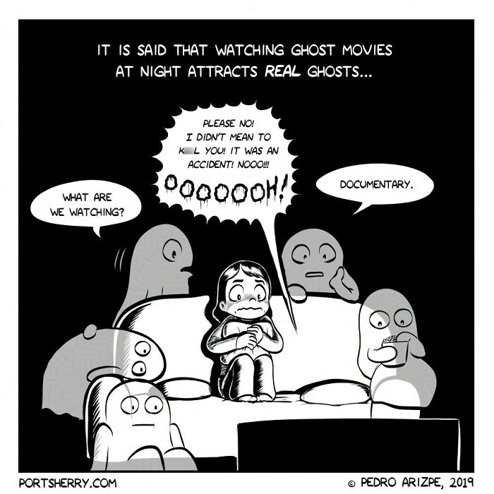 Comic from Port Sherry showing a person scared of ghost movies surrounded by cartoon ghosts with absurd twists.