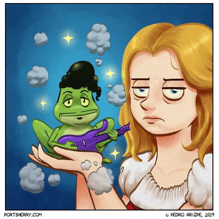 A funny Port Sherry comic featuring a unimpressed woman holding a small frog playing a purple guitar with sparkles and smoke.