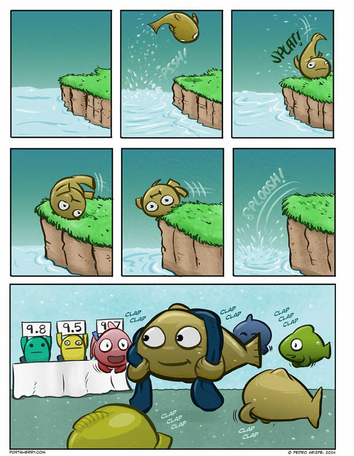 Comic strip from Port Sherry showing a fish diving off a cliff and being applauded underwater.