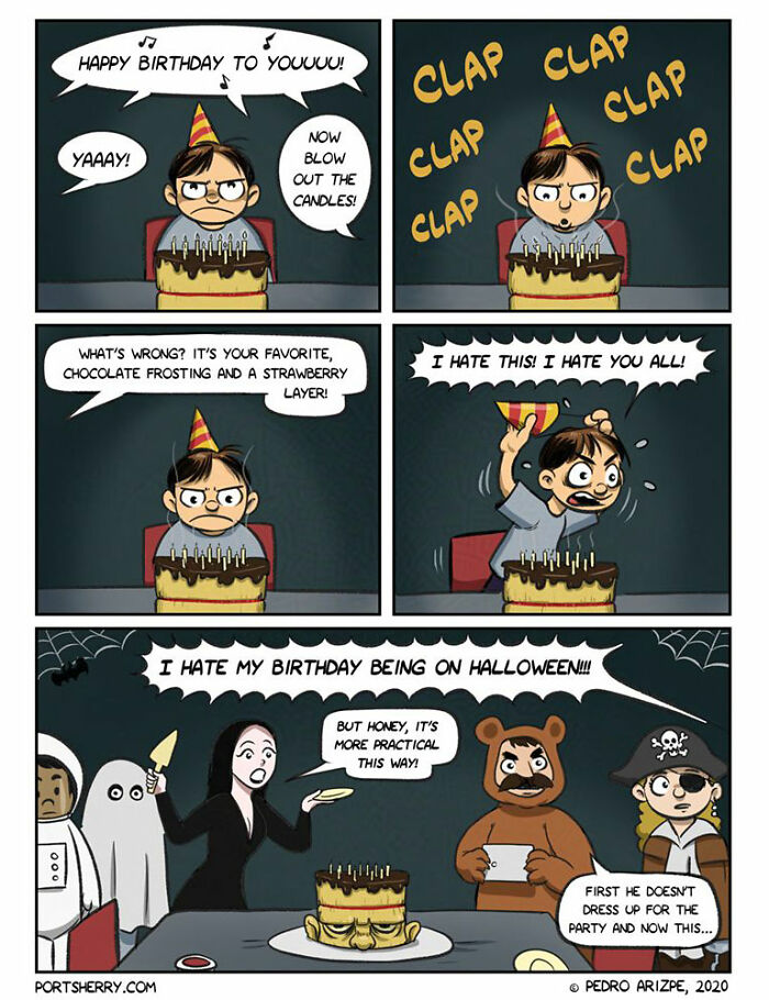 Port Sherry comic showing a frustrated boy throwing a party hat at his birthday cake on Halloween night.