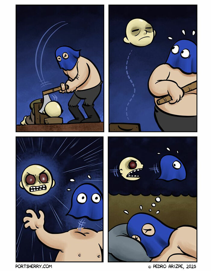 Comic panels of a Port Sherry character with a blue mask interacting with a floating head in a surreal funny scene.