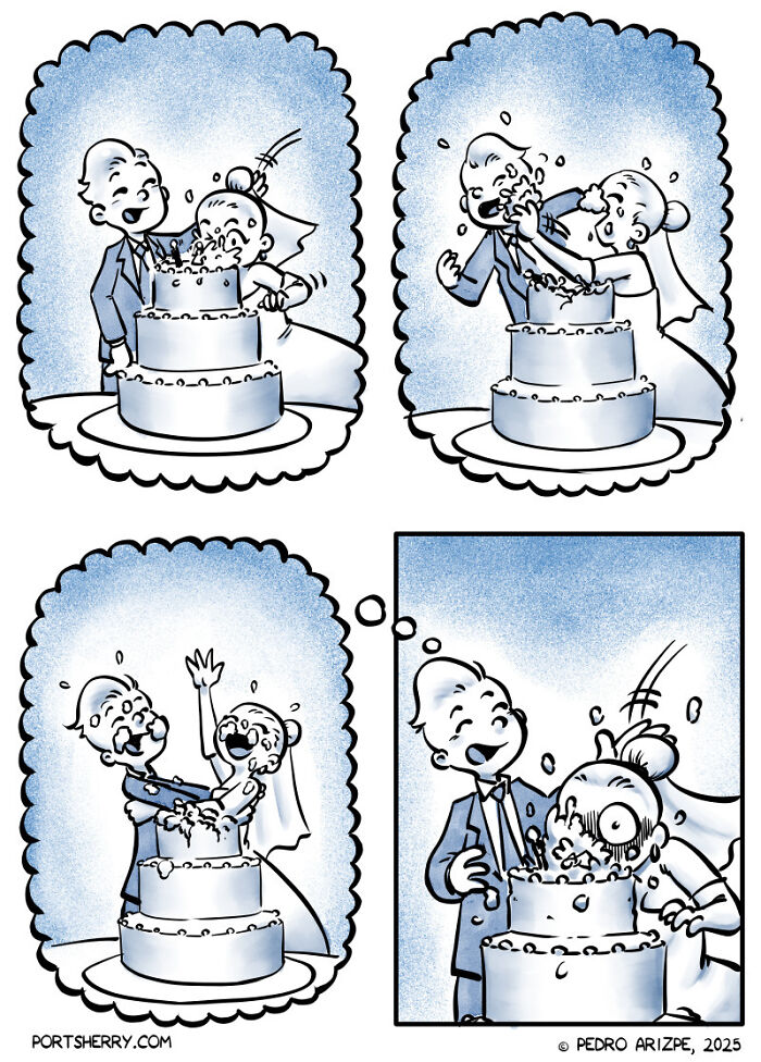 Comic strip from Port Sherry showing a humorous wedding scene with a cake fight and absurd twist moments.