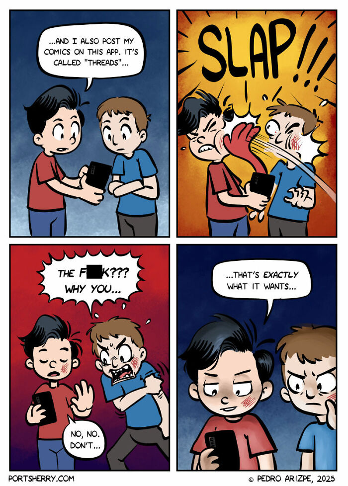 Comic strip by Port Sherry showing two characters with a slap and humorous dialogue blending everyday moments and absurd twists.