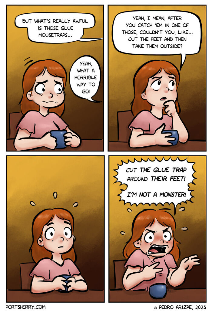 Comic panels from Port Sherry showing a girl debating the ethics of glue mousetraps in an everyday conversation with absurd twists.