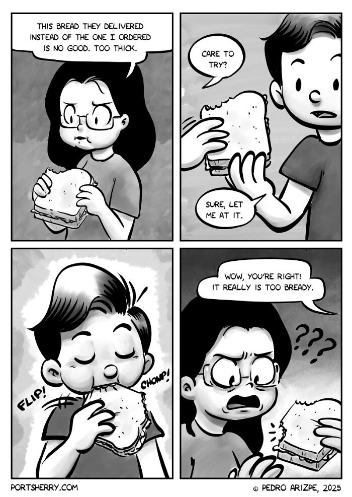 Comic strip from Port Sherry showing a humorous moment about sandwich bread being too thick and absurdly bread-y.