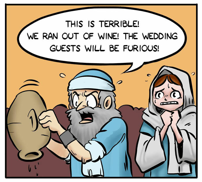 Port Sherry comic panel showing a worried man pouring from an empty wine jug with a nervous woman nearby.