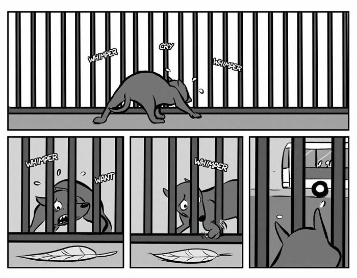 Black and white Port Sherry comic panels showing a dog whining and crying behind bars, blending everyday moments with absurd twists.