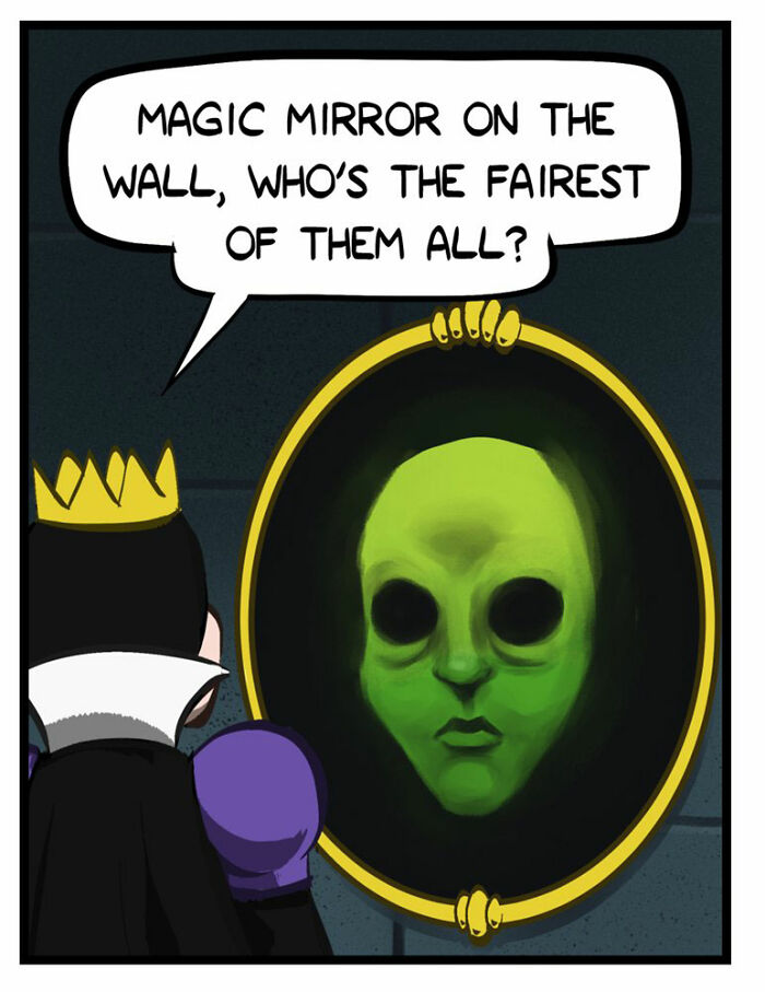 Comic scene with a king asking a magic mirror, featuring Port Sherry comics blending everyday moments and absurd twists.