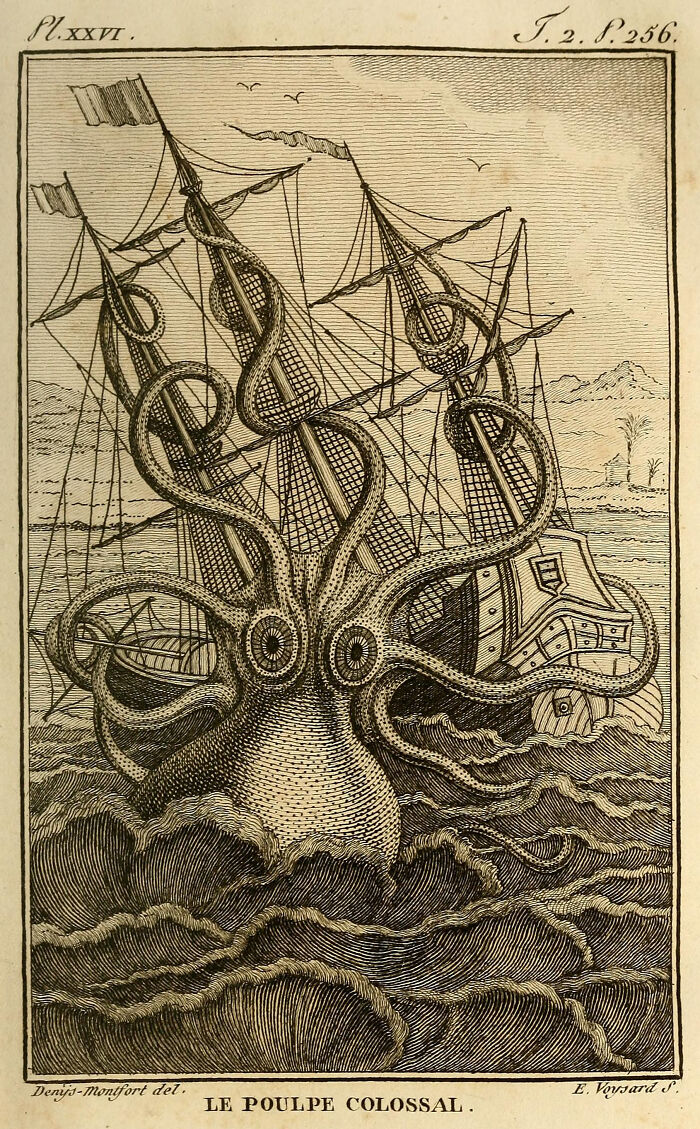 Vintage illustration of a colossal sea creature attacking a ship, depicting weird and fascinating things that happened in the ocean.