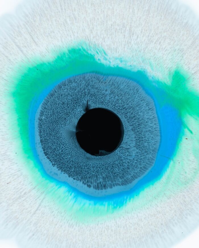 Close-up of hypnotic ink and water image resembling a human eye with detailed blue and green patterns.