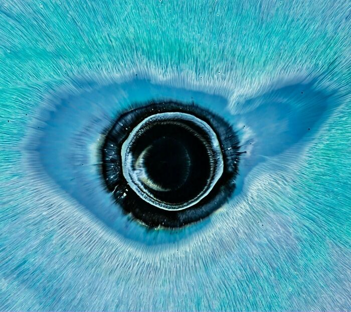 Close-up of hypnotic ink and water image resembling a human eye with blue and black swirling patterns.