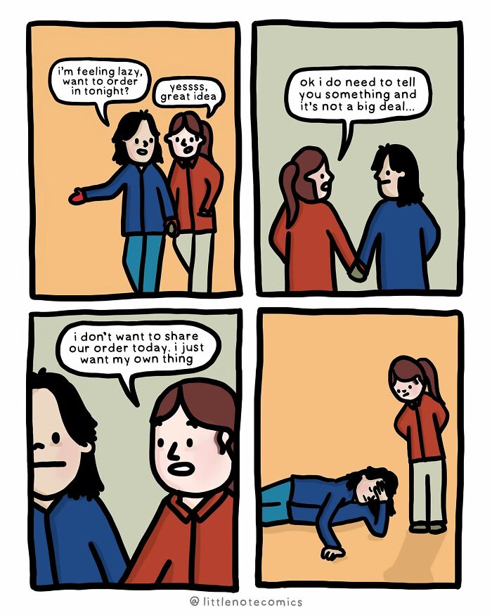 Couple sharing a funny and sweet moment in a heartwarming comic strip about relationship quirks and takeout orders.