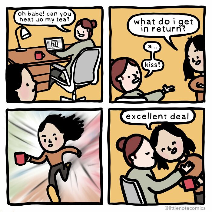 Comic strip showing sweet and funny moments in a relationship, capturing heartwarming interactions between a couple.