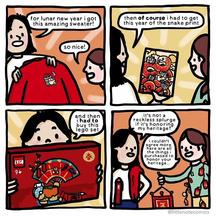 Comic panels showing an artist capturing sweet and funny relationship moments with heartwarming cultural gifts and LEGO set.