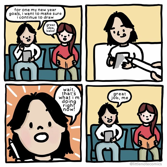 Couple sharing sweet and funny moments in a heartwarming comic about love and creative goals.