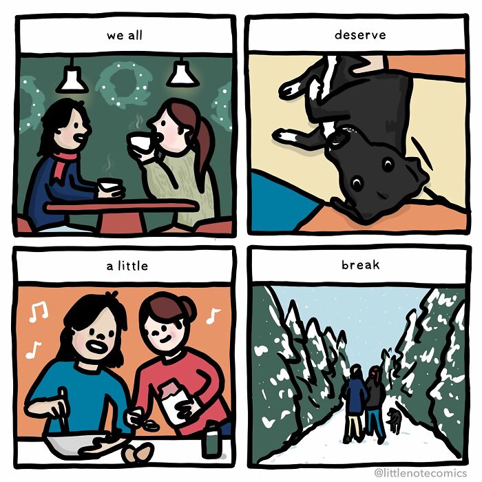 Comic panels showing sweet and funny moments of a relationship with coffee, dog, cooking, and walking in snow.