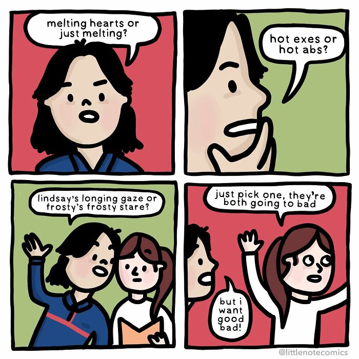 Comic panels showing a couple humorously discussing relationship moments in heartwarming and funny comics.