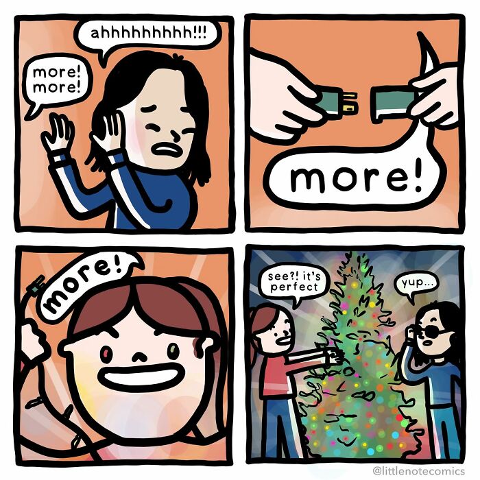 Cartoon panels showing sweet and funny relationship moments with a couple decorating a colorful Christmas tree.