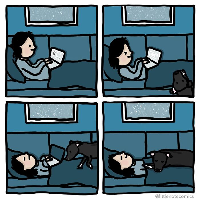 Comic strip showing an artist capturing sweet and funny relationship moments with her dog in heartwarming illustrations.