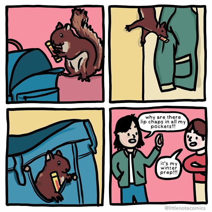 Comic panels showing a squirrel stealing lip balm and a couple sharing funny, heartwarming relationship moments in comics.