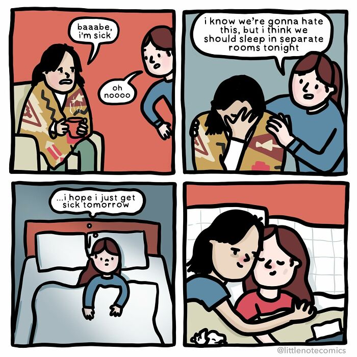 Couple sharing sweet and funny moments as one is sick and they decide to sleep separately in heartwarming comic panels.