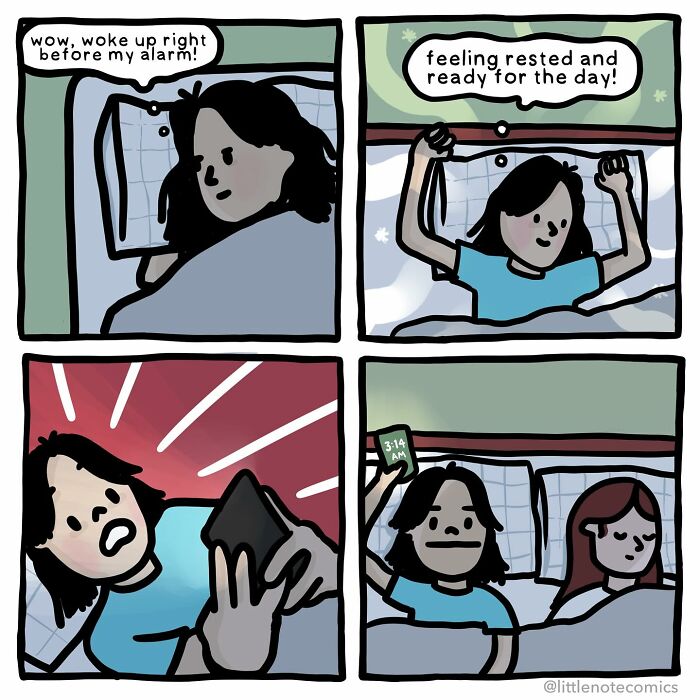 Artist captures sweet and funny moments of her relationship in a heartwarming comic about waking up before alarm.