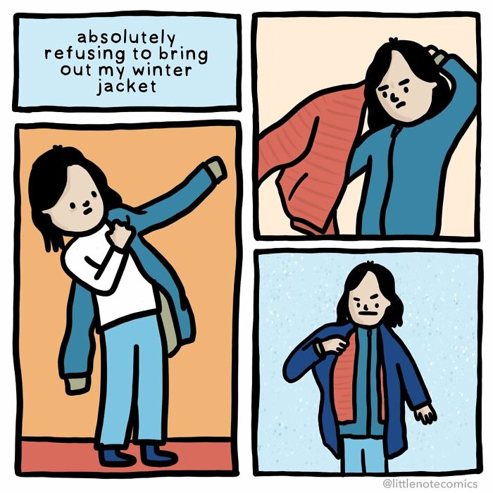 Comic panels depicting a person humorously refusing to wear a winter jacket, capturing sweet and funny relationship moments.