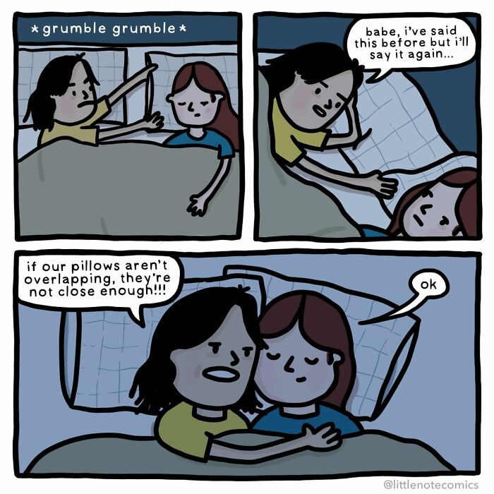 Couple sharing a sweet and funny moment in bed, illustrating a heartfelt comic about relationship closeness and love.