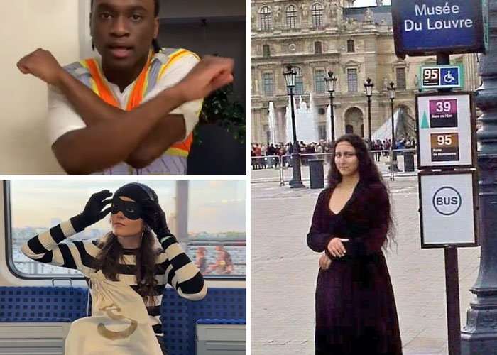 Three people dressed in Halloween costumes inspired by this year’s wildest viral moments, including a crossing arms pose.