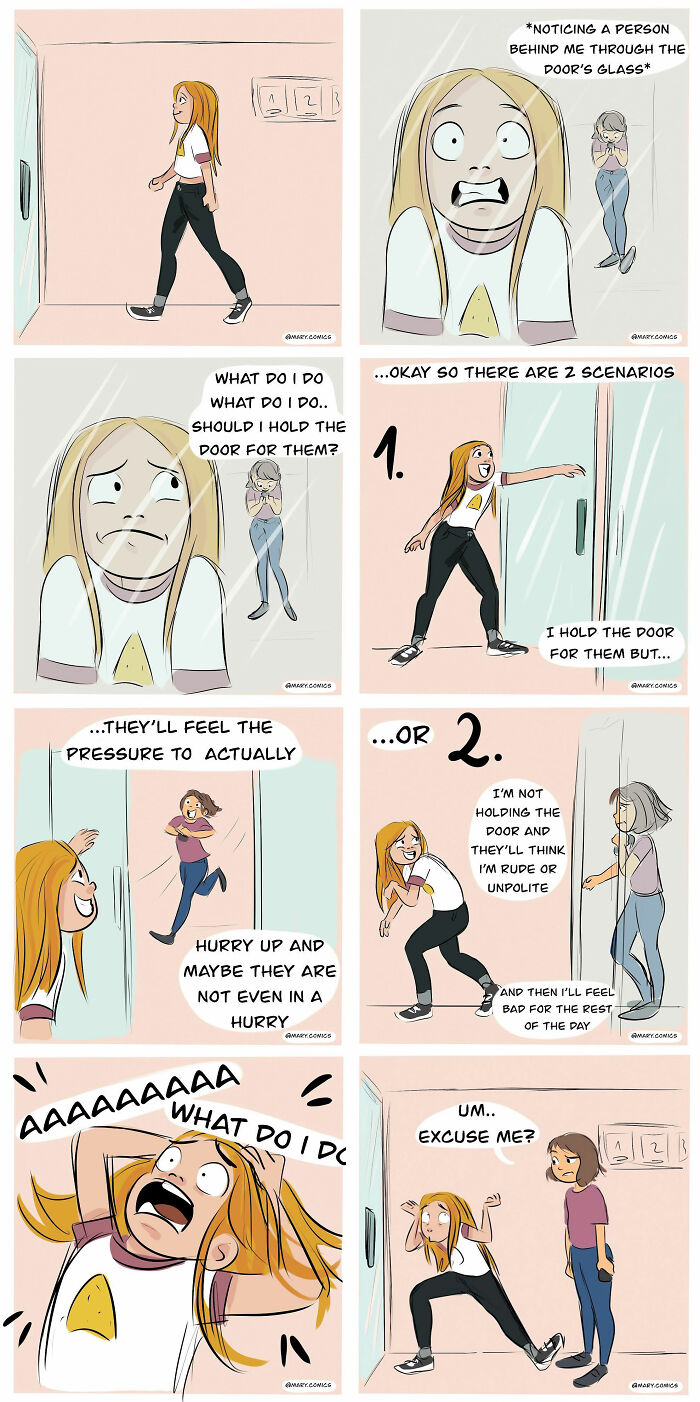 Relatable comic about everyday life dilemmas with holding doors, capturing awkward social moments and young adulthood humor.