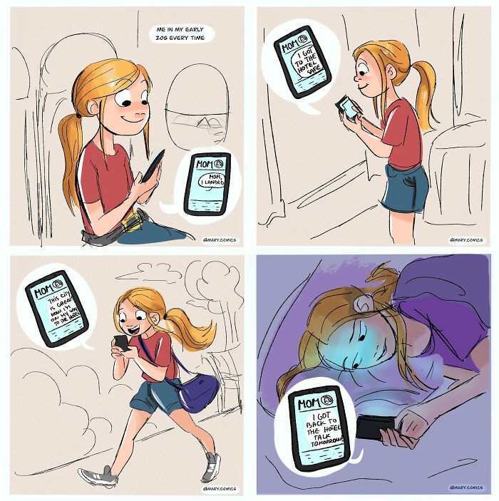 Comic panels showing a young woman texting her mom, depicting relatable moments of everyday life and young adulthood.