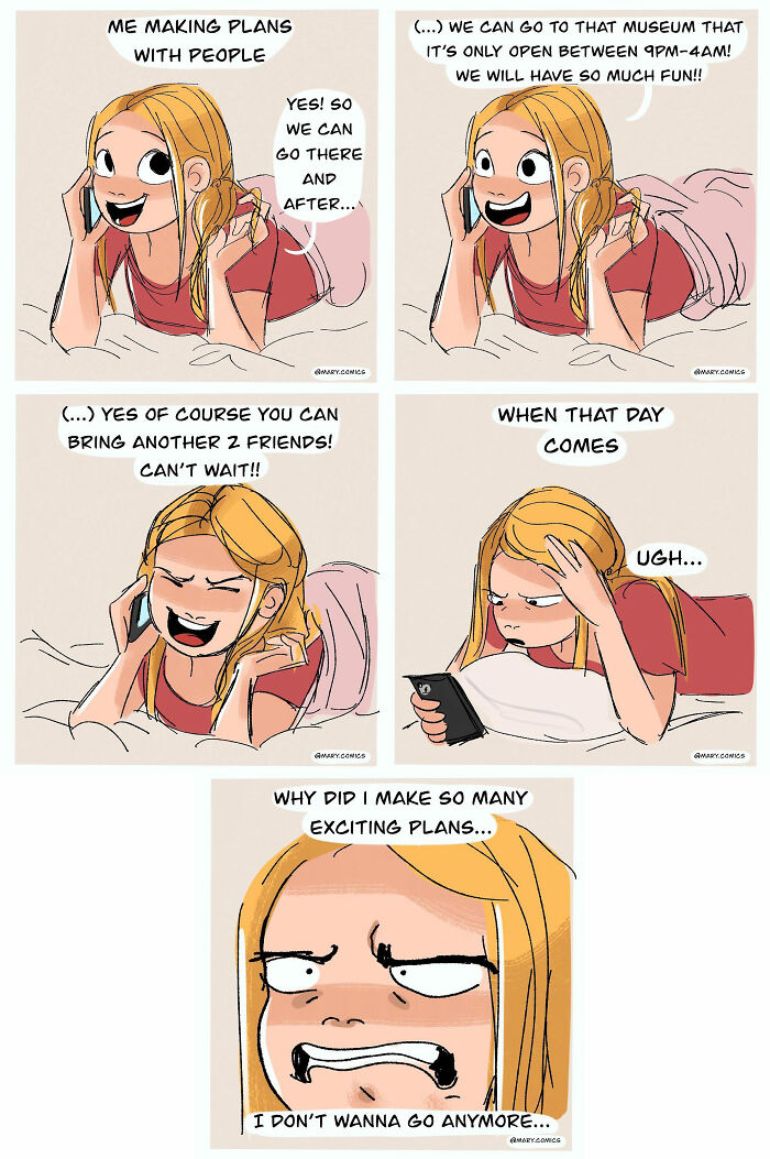 Relatable comic about making plans with friends, highlighting anxiety and social struggles in everyday young adulthood life.