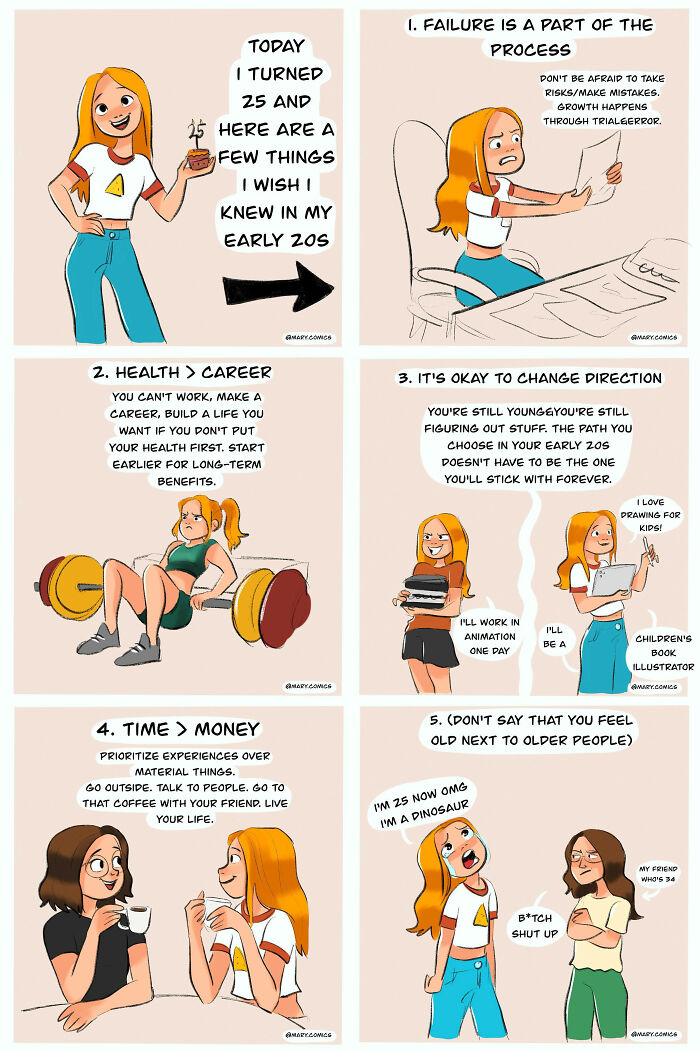 Relatable comics illustrating everyday life lessons, relationships, and experiences of young adulthood in early 20s.