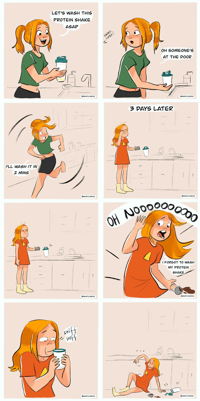 Comic strip showing relatable everyday life moments with a girl forgetting to wash her protein shake for days.